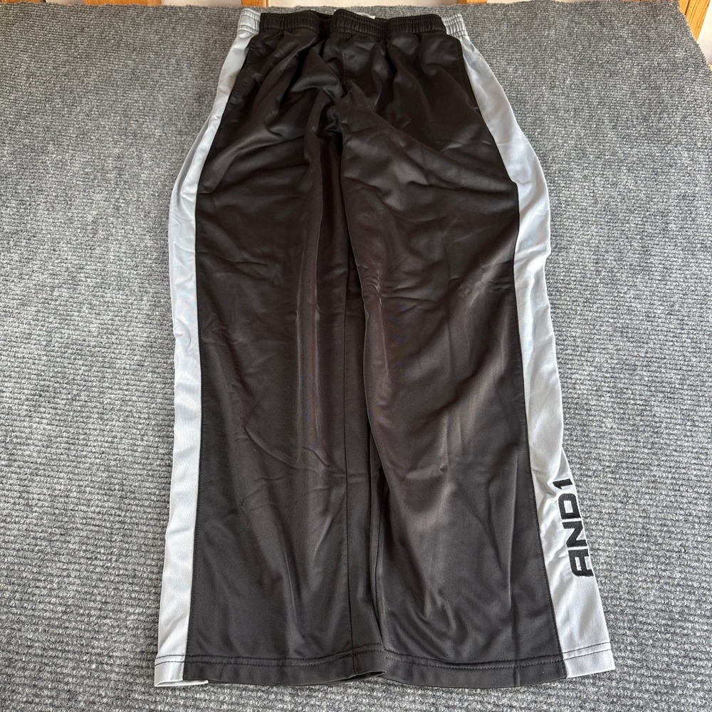 AND1 Mens XL Black Silver Side Stripe Basketball Track Pants Relaxed Fit